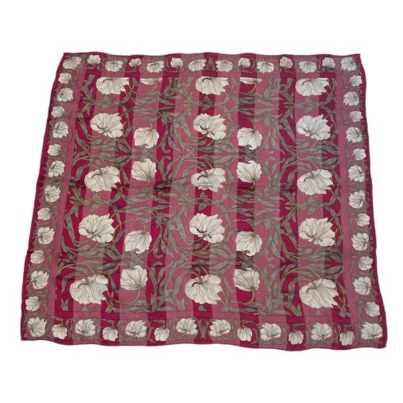 1990s Hiroko for Dozo Pink & White Semi Sheer Silk  Square Floral Motif Scarf - Picture 3 of 7